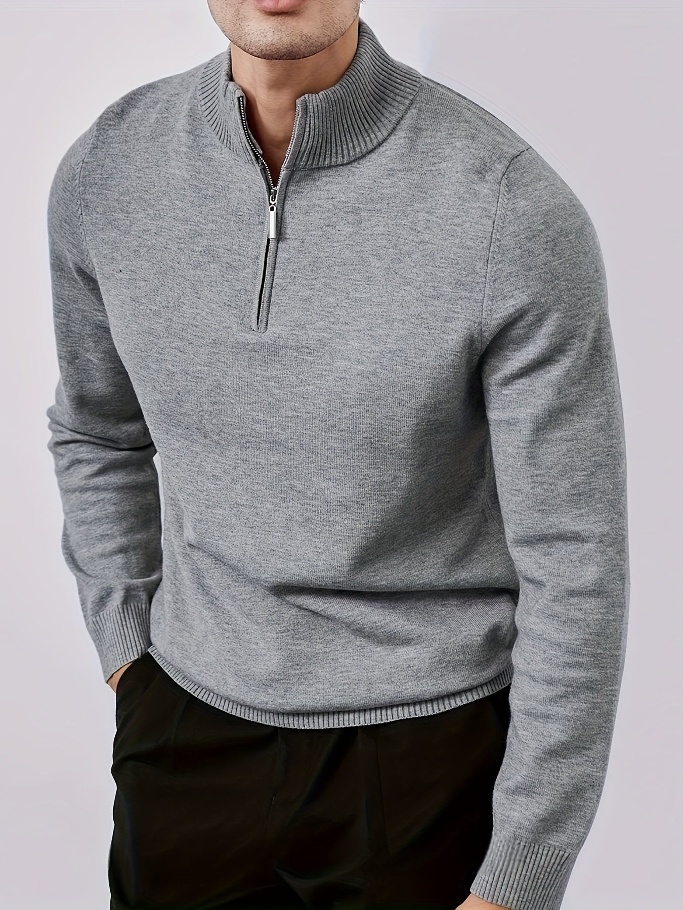 Loose Solid Knitted Pullover, Half Zipper Sweater